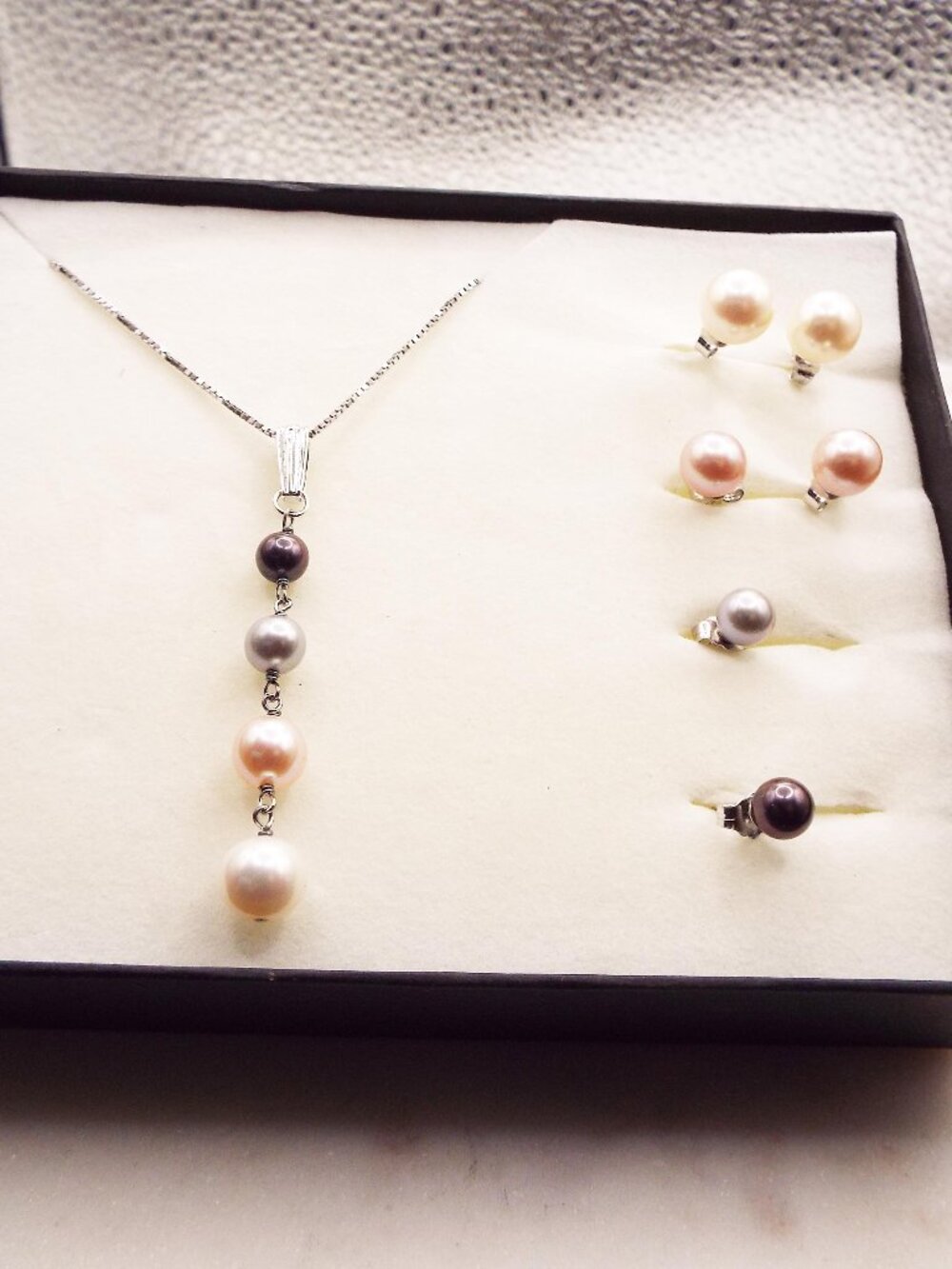 NATURAL GRADUATED DIFFERENT COLOR PEARLS JOURNEY STERLING NECKLACE W/ EARRINGS L